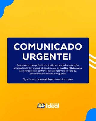 #ComunicadoIdeal 
Decidimos, visando minimizar o risco de circulação e contágio do #coronavírus, interromper atividades entre os dias 16 e 29 de março. Siga nossas redes sociais para atualizações sobre a situação. Esta decisão tem como objetivo proteger alunos e funcionários. Procure ficar em casa neste período, lave as mãos regularmente e mantenha as janelas abertas!